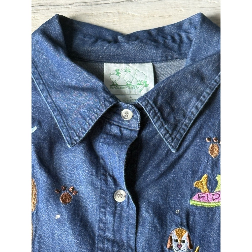 VTG Denim Button Down Dog Lover Puppies Embroidered Twee Cottagecore Whimsical - Picture 4 of 5